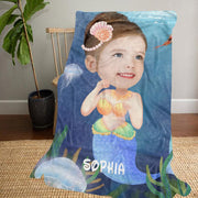 Personalized Mermaid Hand-Drawing Kid's Photo Portrait Fleece Blanket--Made in USA!