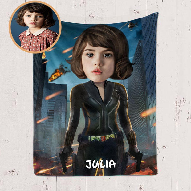 Personalized Black Widow Hand-Drawing Kid's Photo Portrait Fleece Blanket--Made in USA!