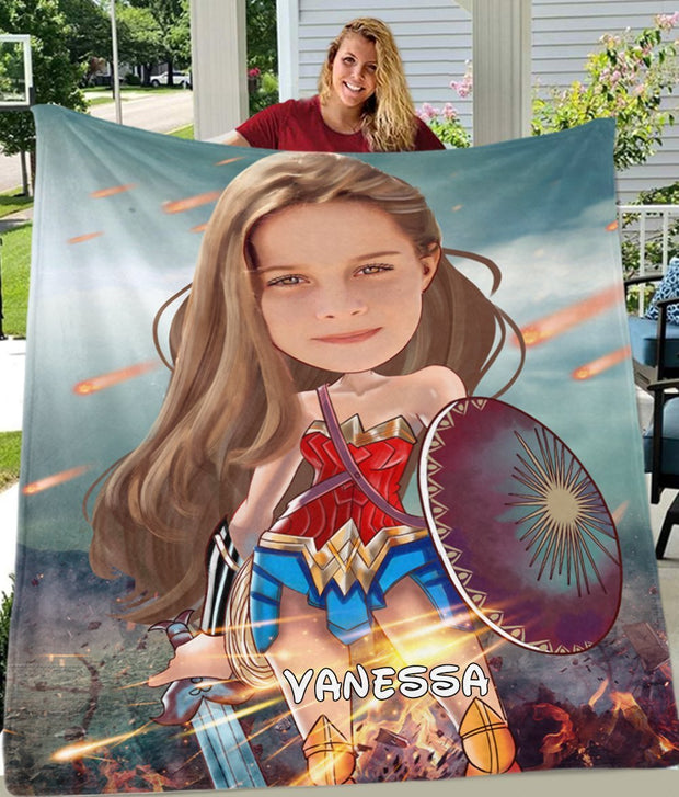 Personalized Wonder Woman Hand-Drawing Kid's Photo Portrait Fleece Blanket--Made in USA!