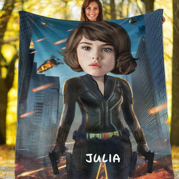 Personalized Black Widow Hand-Drawing Kid's Photo Portrait Fleece Blanket--Made in USA!