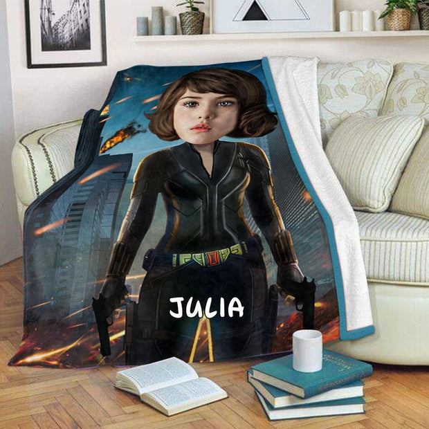 Personalized Black Widow Hand-Drawing Kid's Photo Portrait Fleece Blanket--Made in USA!