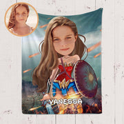 Personalized Wonder Woman Hand-Drawing Kid's Photo Portrait Fleece Blanket--Made in USA!