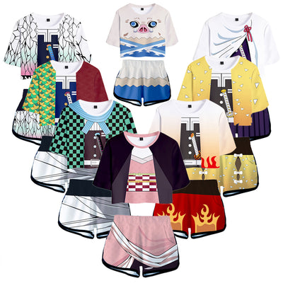 ★鬼滅の刃風★子供用 キッズ Tシャツ 短パン 上下セット 普段着 夏服 半袖 男の子 女の子 男女兼用 かわいい 柔らかい ヘソ出し