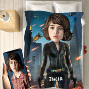 Personalized Black Widow Hand-Drawing Kid's Photo Portrait Fleece Blanket--Made in USA!