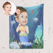 Personalized Mermaid Hand-Drawing Kid's Photo Portrait Fleece Blanket--Made in USA!