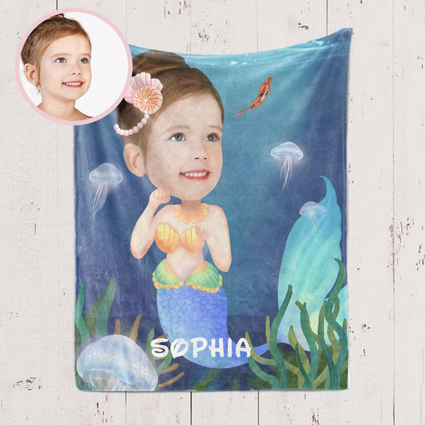 Personalized Mermaid Hand-Drawing Kid's Photo Portrait Fleece Blanket--Made in USA!