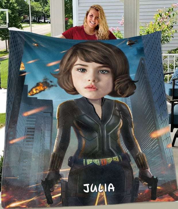 Personalized Black Widow Hand-Drawing Kid's Photo Portrait Fleece Blanket--Made in USA!