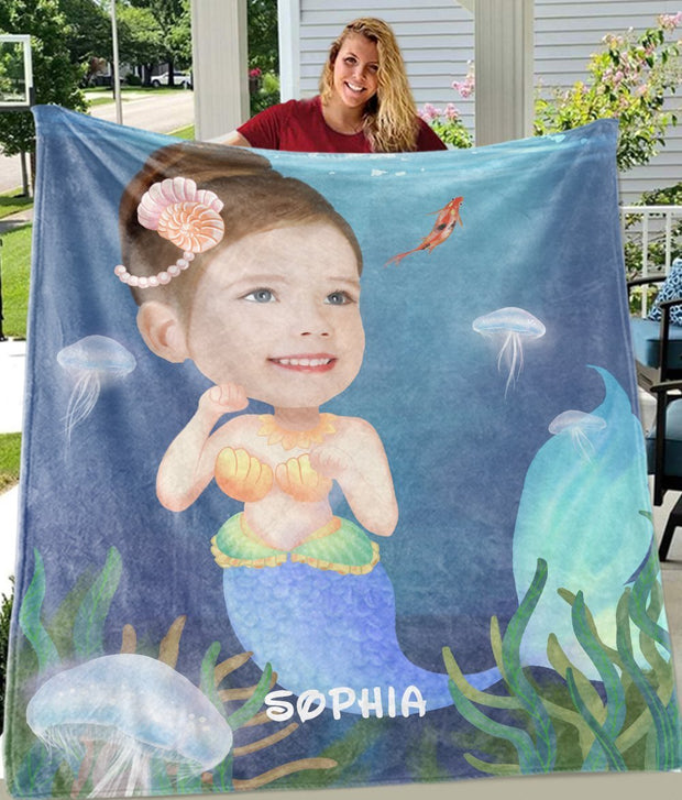 Personalized Mermaid Hand-Drawing Kid's Photo Portrait Fleece Blanket--Made in USA!